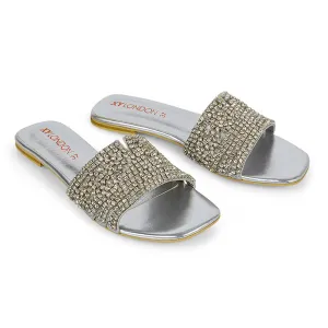 Sam Cut Out Square Toe Sparkly Front Strap Slip On Flat Diamante Sandals in Silver