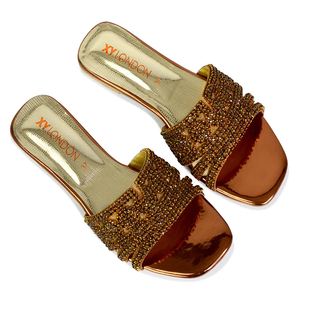 Sam Cut Out Square Toe Sparkly Front Strap Slip On Flat Diamante Sandals in Silver