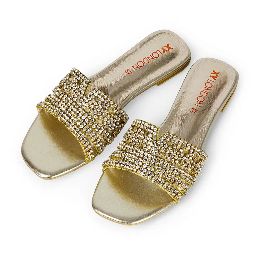 Sam Cut Out Square Toe Sparkly Front Strap Slip On Flat Diamante Sandals in Silver