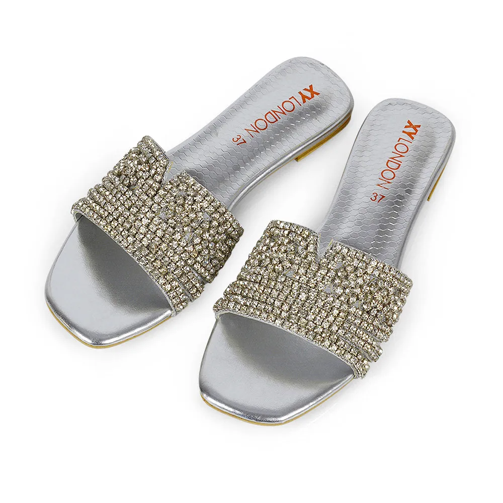 Sam Cut Out Square Toe Sparkly Front Strap Slip On Flat Diamante Sandals in Silver