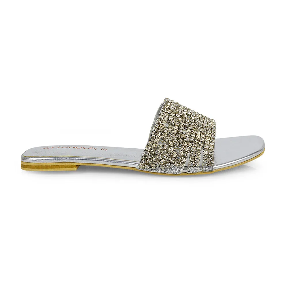 Sam Cut Out Square Toe Sparkly Front Strap Slip On Flat Diamante Sandals in Silver