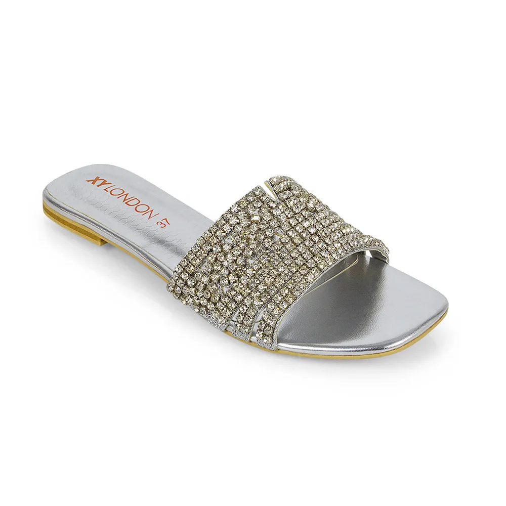Sam Cut Out Square Toe Sparkly Front Strap Slip On Flat Diamante Sandals in Silver