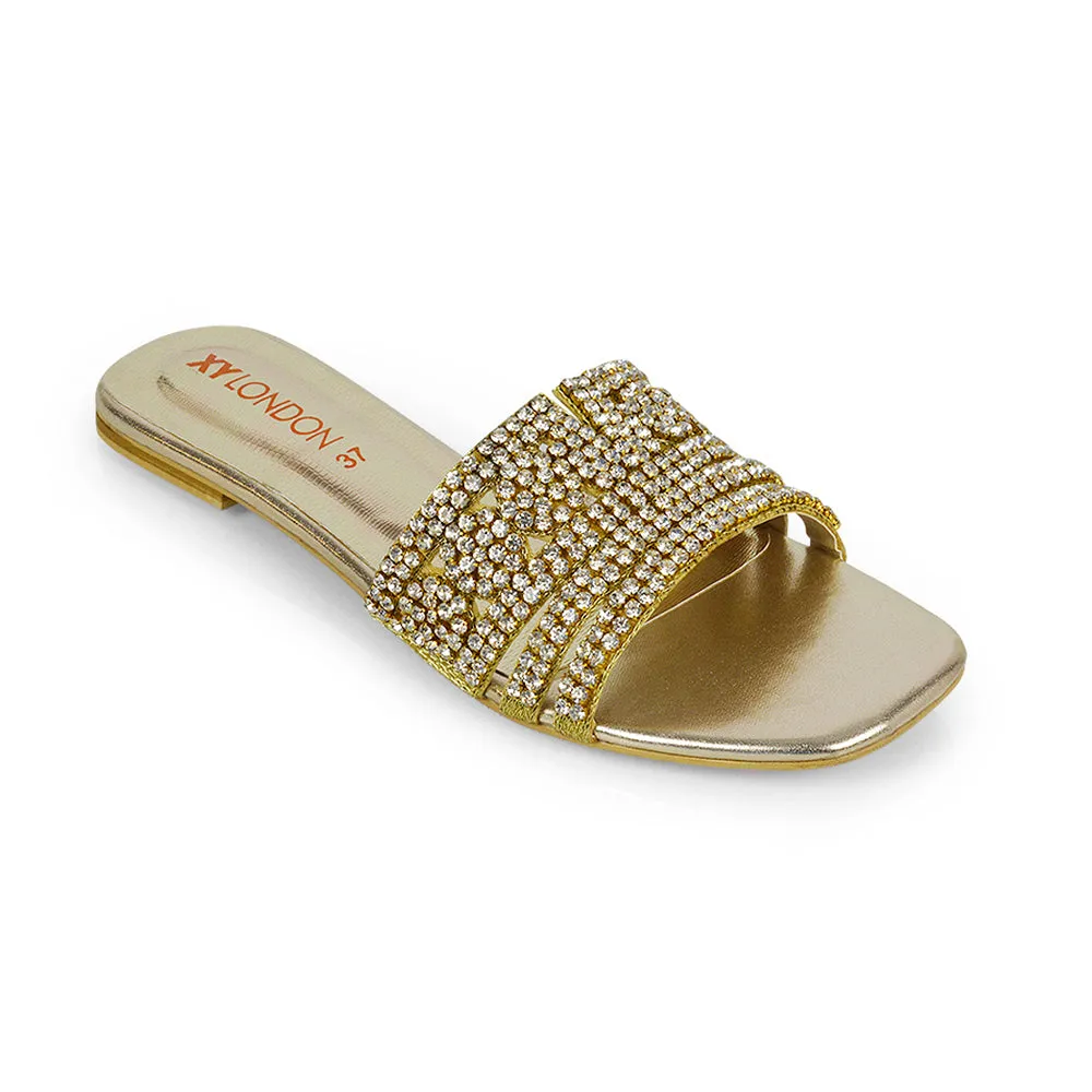 Sam Cut Out Square Toe Sparkly Front Strap Slip On Flat Diamante Sandals in Silver