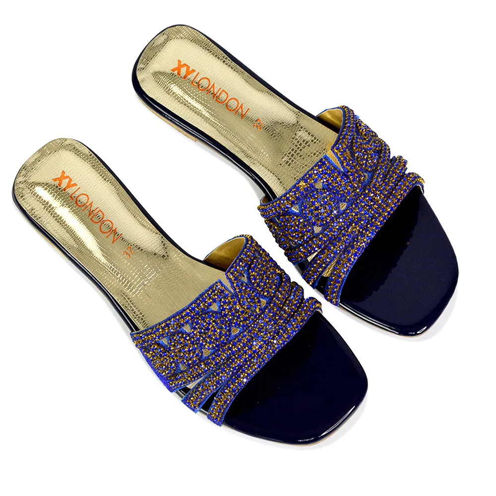 Sam Cut Out Square Toe Sparkly Front Strap Slip On Flat Diamante Sandals in Silver