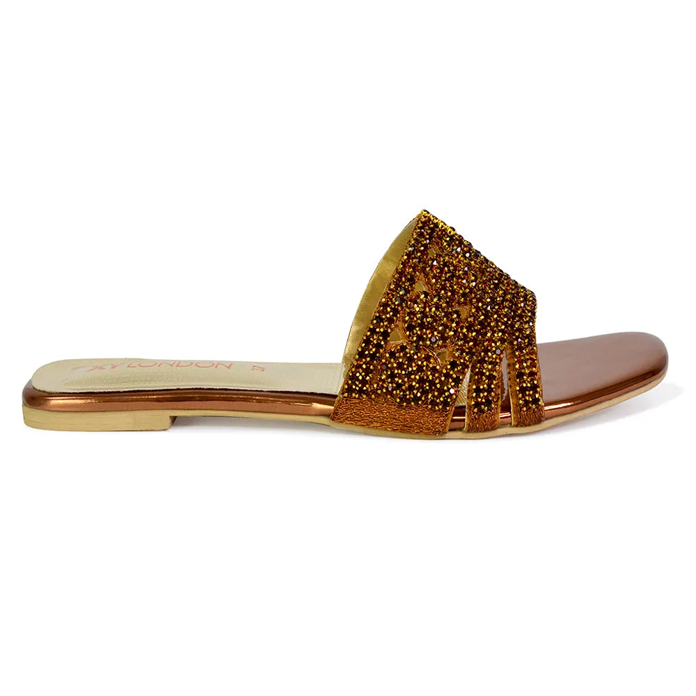 Sam Cut Out Square Toe Sparkly Front Strap Slip On Flat Diamante Sandals in Silver