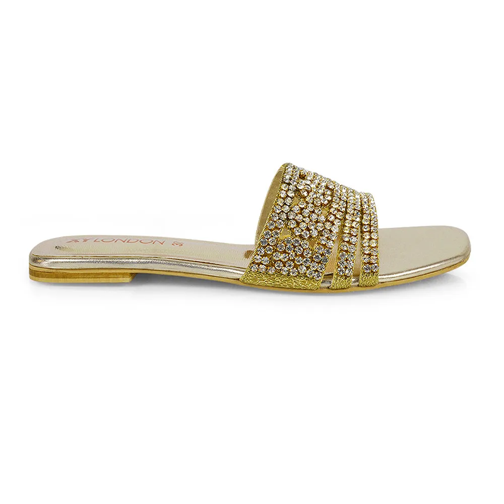Sam Cut Out Square Toe Sparkly Front Strap Slip On Flat Diamante Sandals in Silver