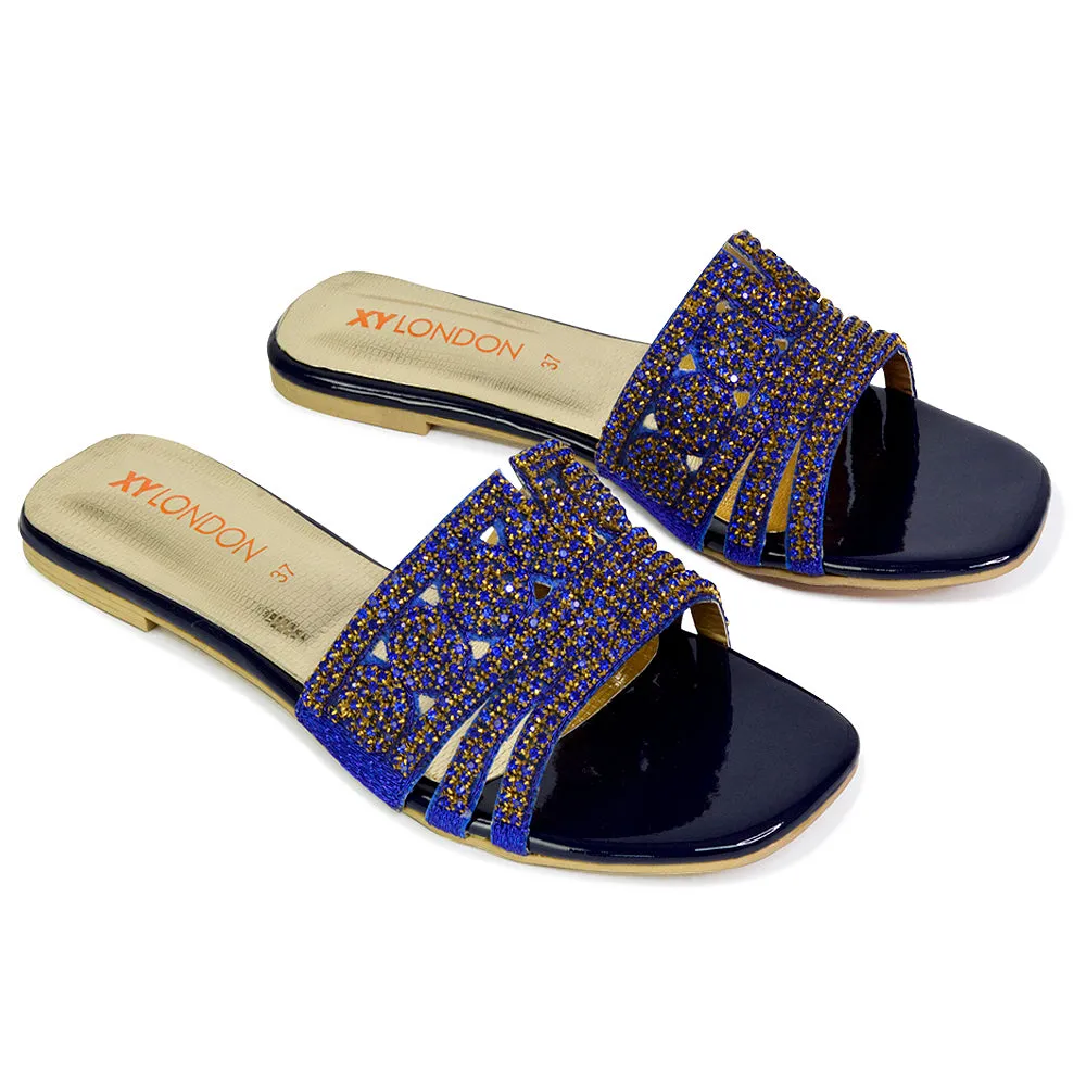 Sam Cut Out Square Toe Sparkly Front Strap Slip On Flat Diamante Sandals in Silver