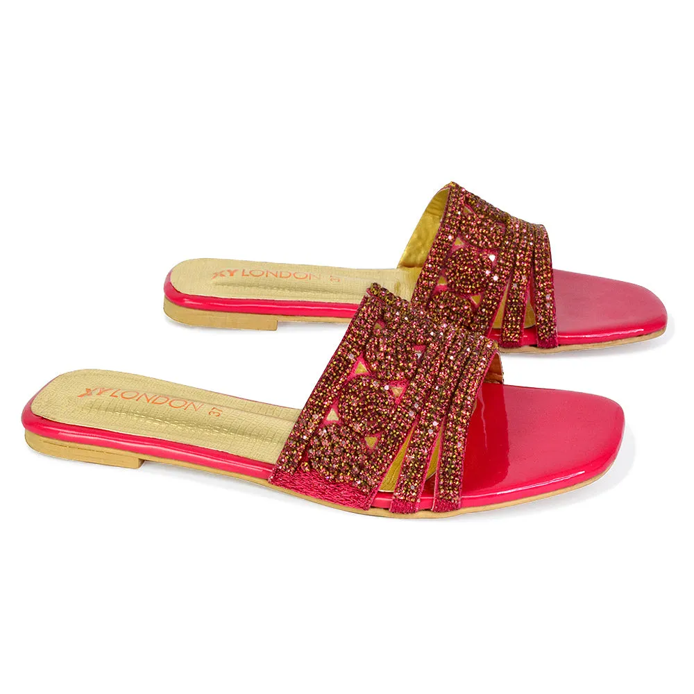 Sam Cut Out Square Toe Sparkly Front Strap Slip On Flat Diamante Sandals in Silver