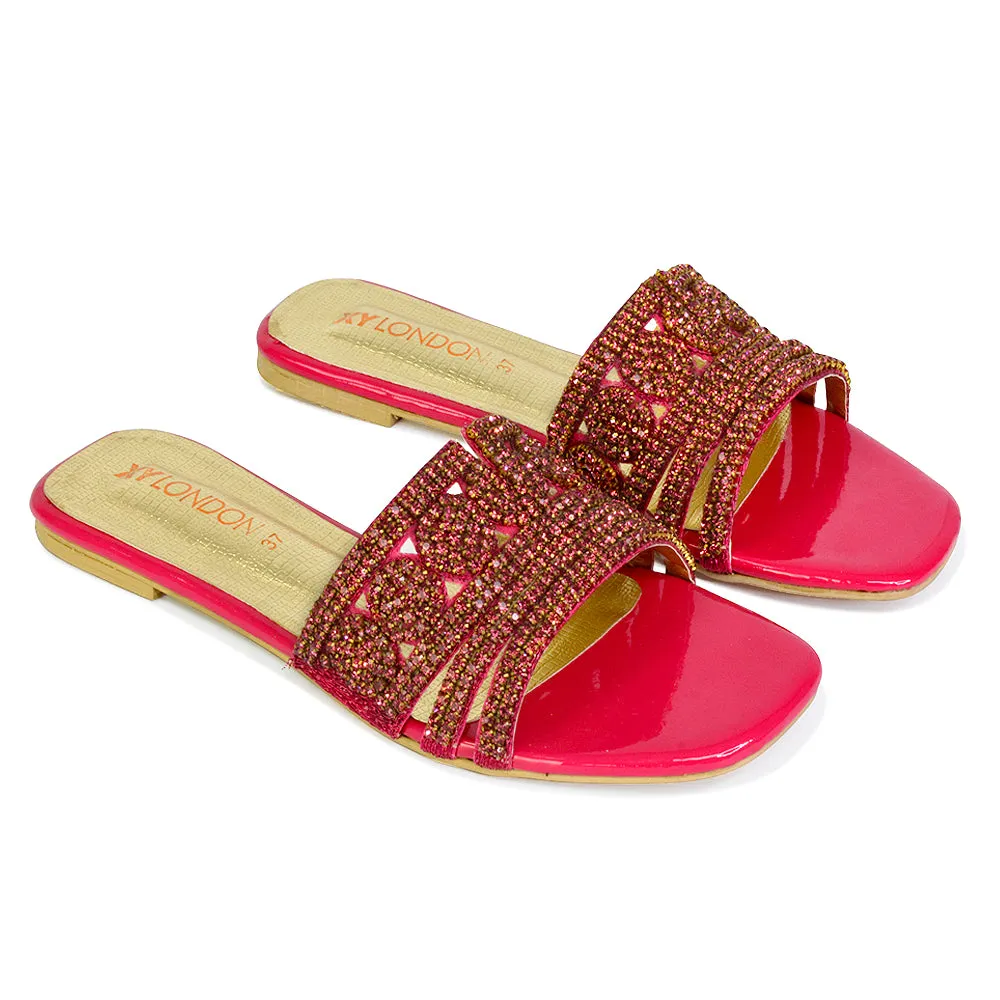 Sam Cut Out Square Toe Sparkly Front Strap Slip On Flat Diamante Sandals in Silver