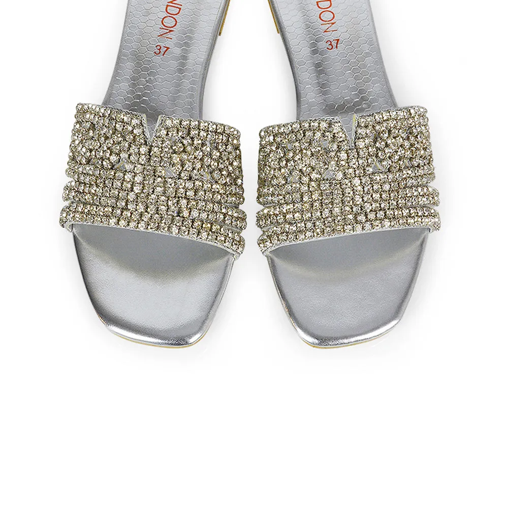 Sam Cut Out Square Toe Sparkly Front Strap Slip On Flat Diamante Sandals in Silver