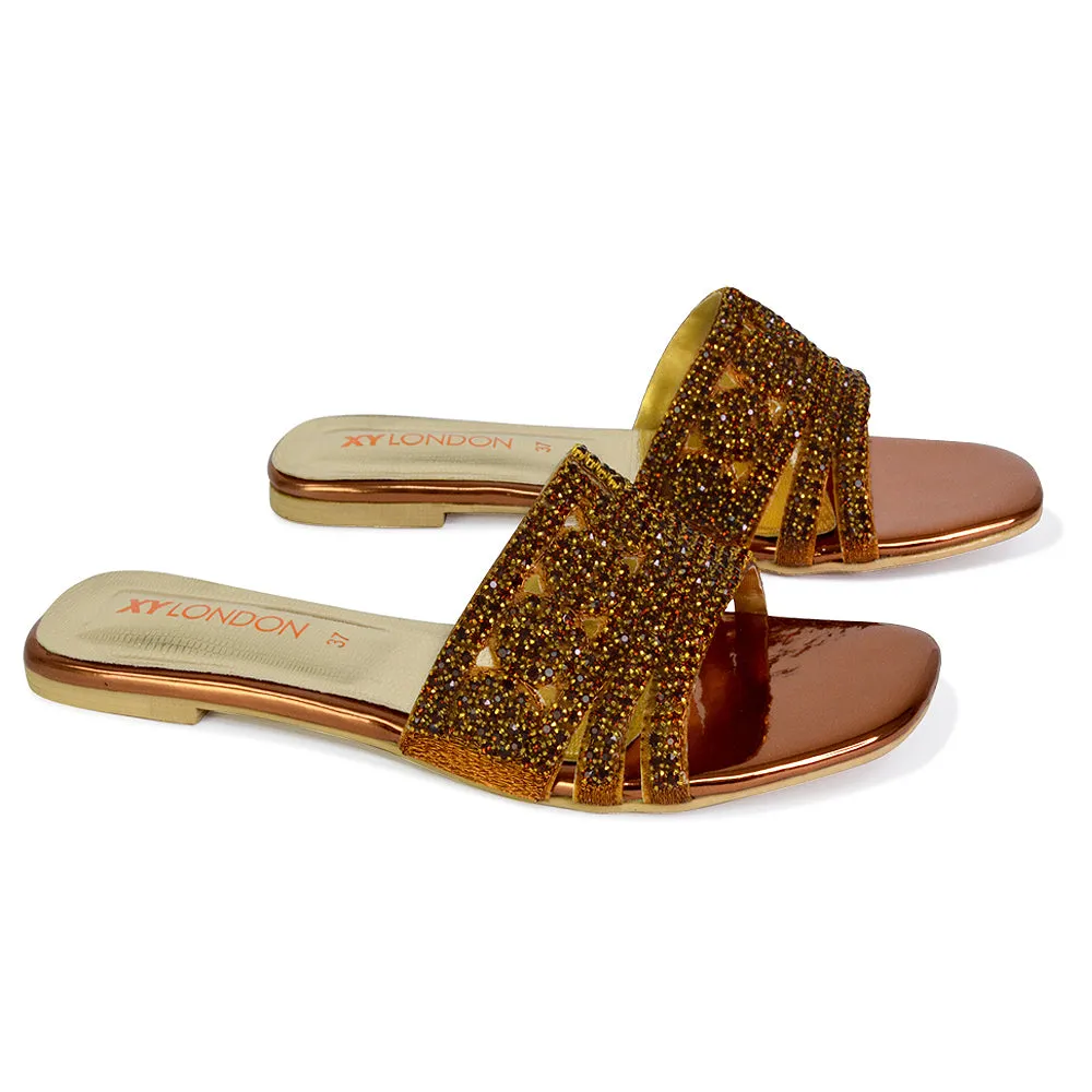Sam Cut Out Square Toe Sparkly Front Strap Slip On Flat Diamante Sandals in Silver