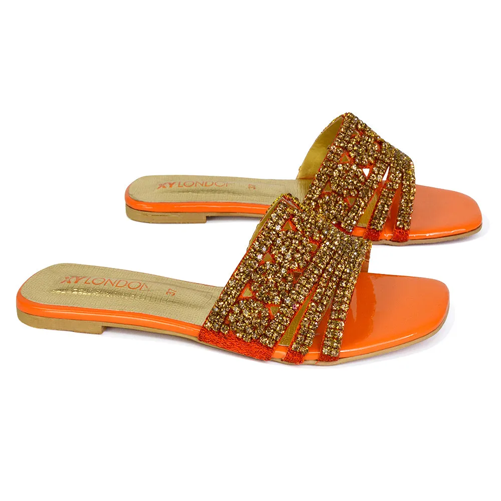 Sam Cut Out Square Toe Sparkly Front Strap Slip On Flat Diamante Sandals in Silver