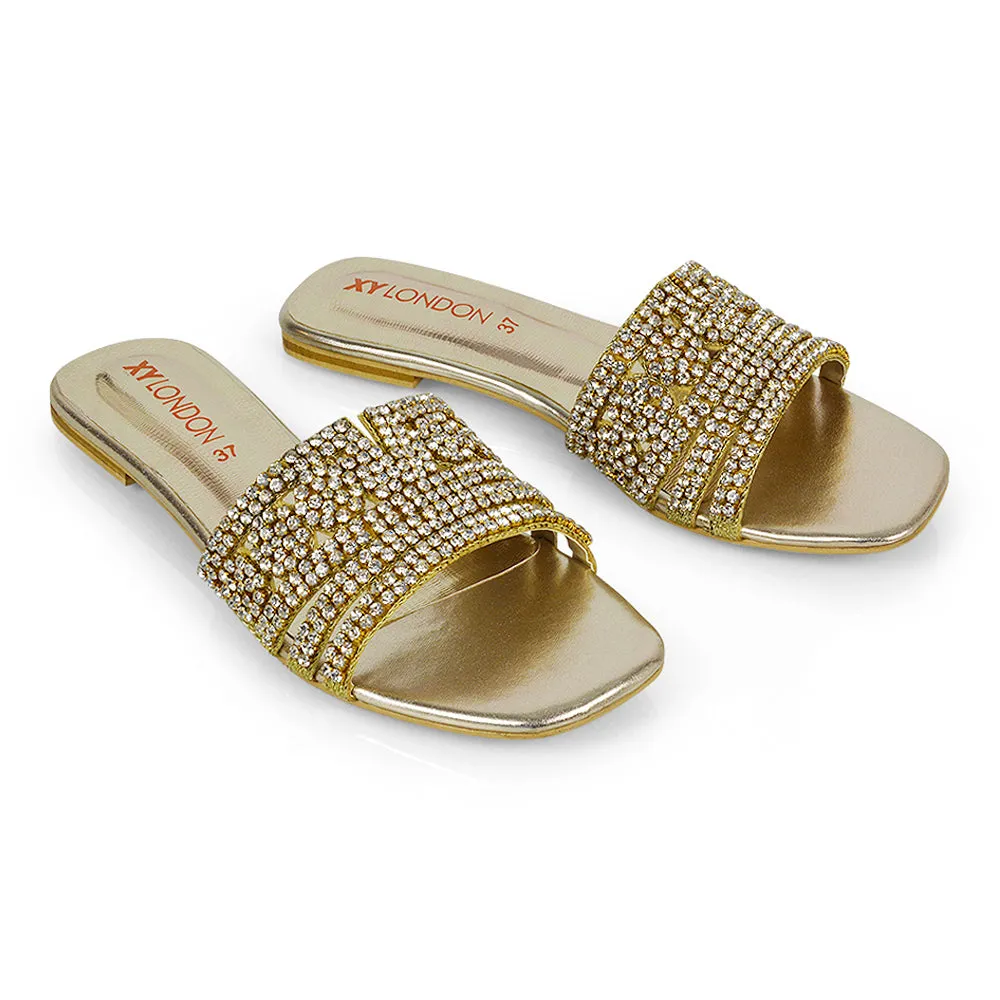 Sam Cut Out Square Toe Sparkly Front Strap Slip On Flat Diamante Sandals in Silver