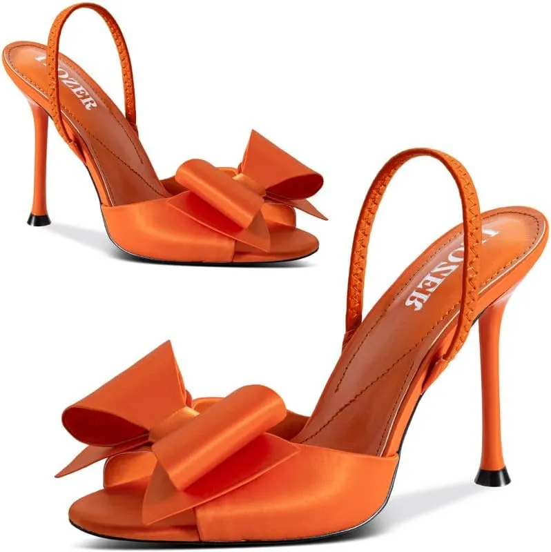 Satin High Heels Slingback Open Toe Mules Sandals Bow Stiletto Sexy Heels Comfortable Wedding Party Shoes