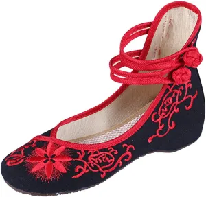 SATUKI Handmade Embroidered Shoes for Women, Chinese Style Casual Loafer Flat Floral Ballet Shoes