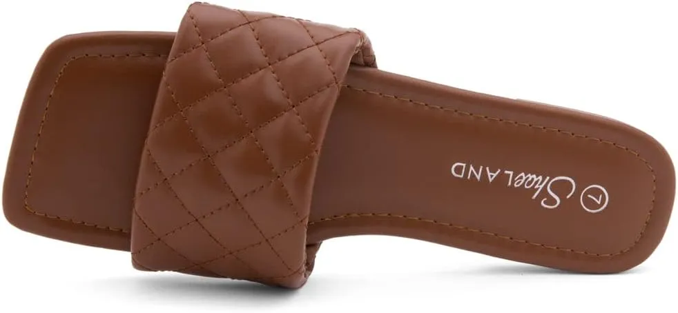 Shoe Land Women’s Flat Sandals – Quilted One-Band Fashion Slides with Square Open Toe & Comfort Footbed | Dressy Casual Slip-On Sandals for Summer, Travel & Daily Wear