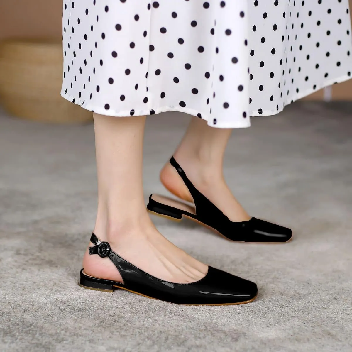 Slingback Flats for Women Square Toe Flat Low Heel Block Sandals Slip on Causal Walking Slide Shoes