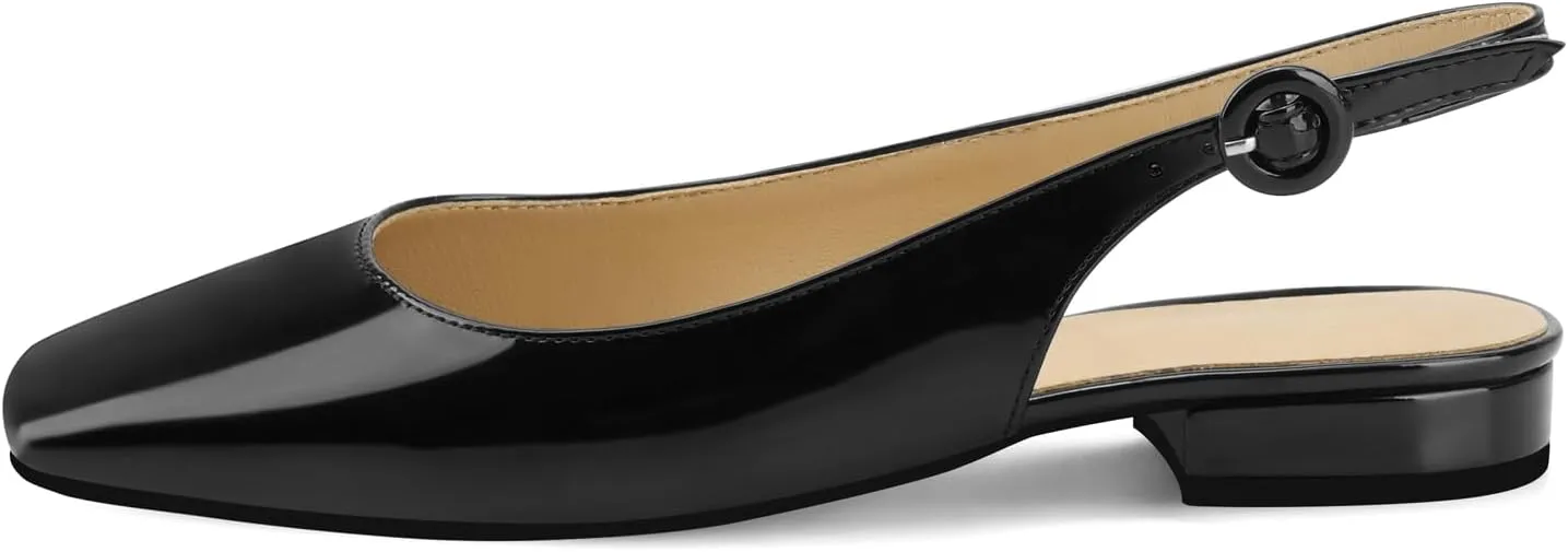 Slingback Flats for Women Square Toe Flat Low Heel Block Sandals Slip on Causal Walking Slide Shoes