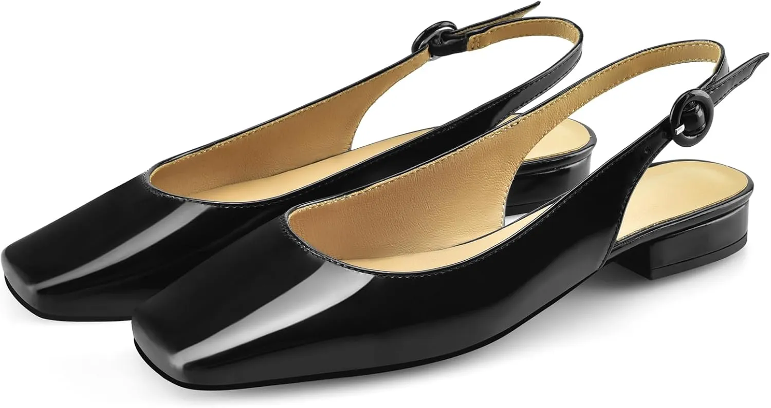 Slingback Flats for Women Square Toe Flat Low Heel Block Sandals Slip on Causal Walking Slide Shoes