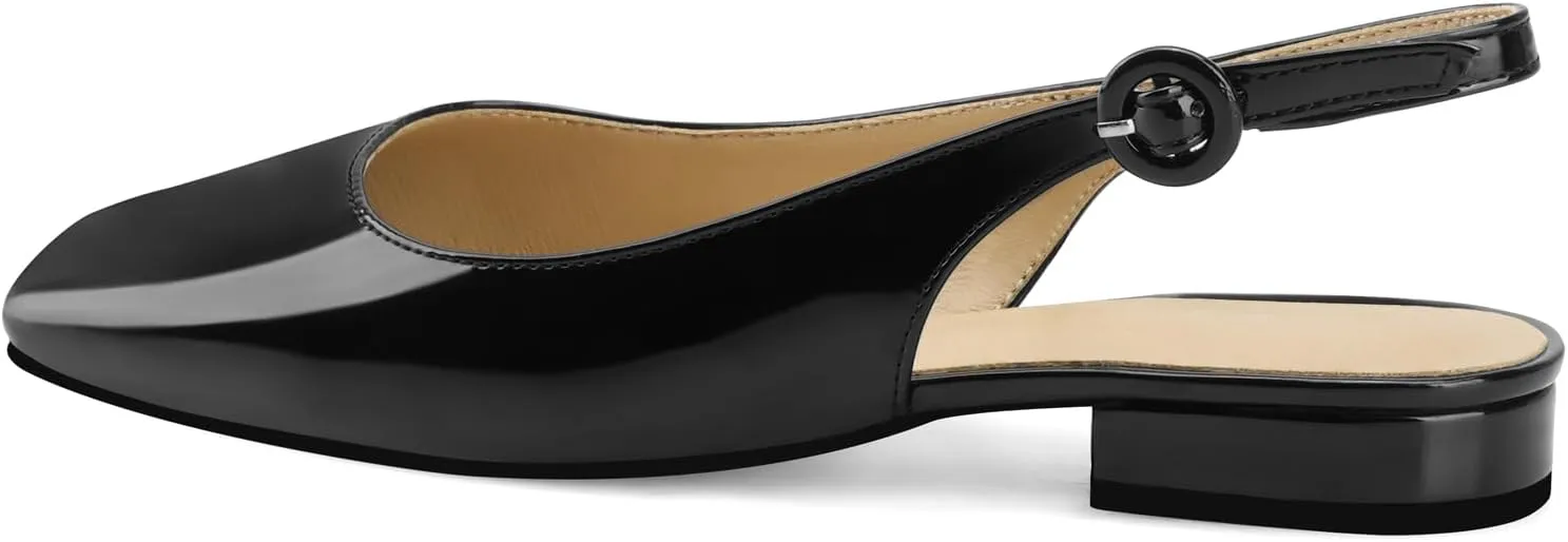 Slingback Flats for Women Square Toe Flat Low Heel Block Sandals Slip on Causal Walking Slide Shoes