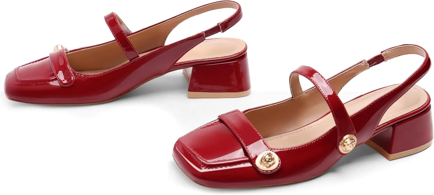 Slingback Mary Jane Heels for Women Low Block Heel Closed Square Toe Pump Shoes Heels Classic Daily Office Dressy Shoes