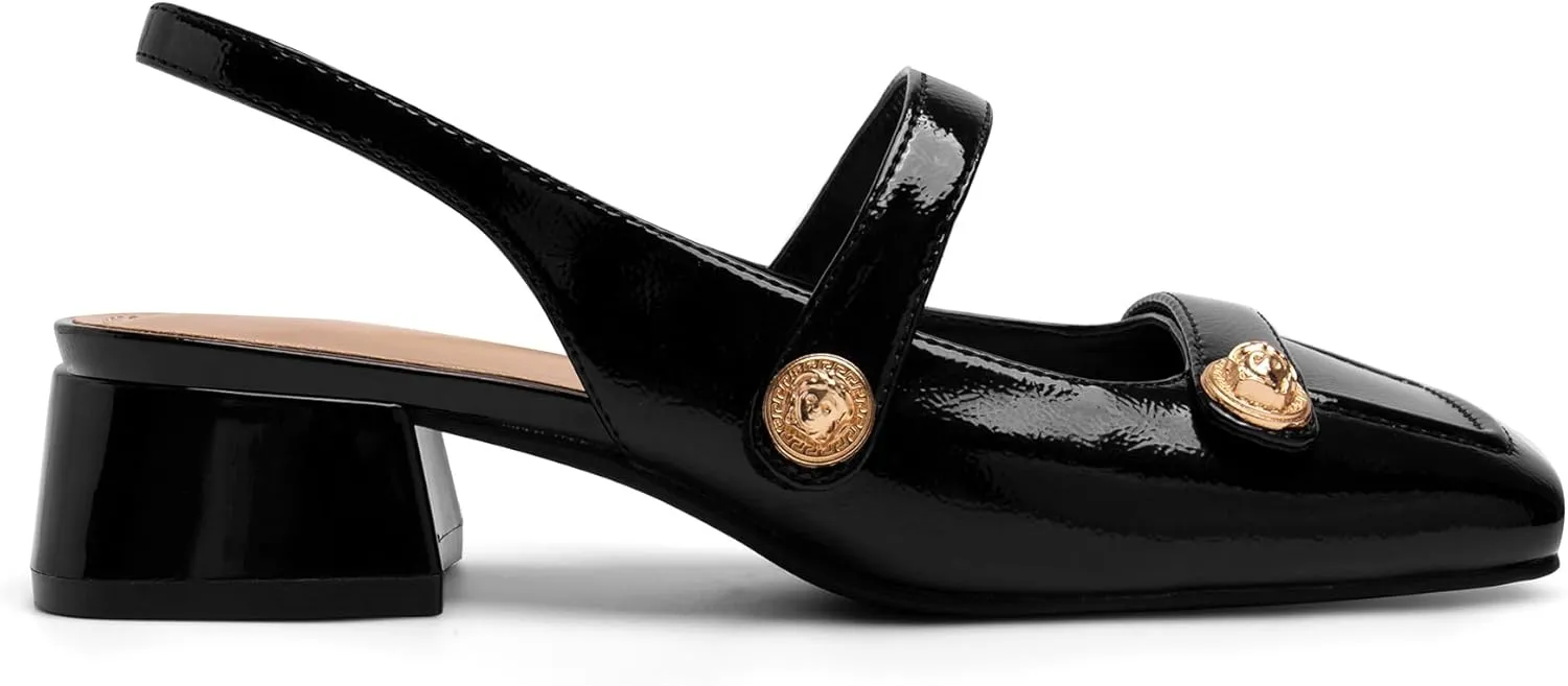 Slingback Mary Jane Heels for Women Low Block Heel Closed Square Toe Pump Shoes Heels Classic Daily Office Dressy Shoes