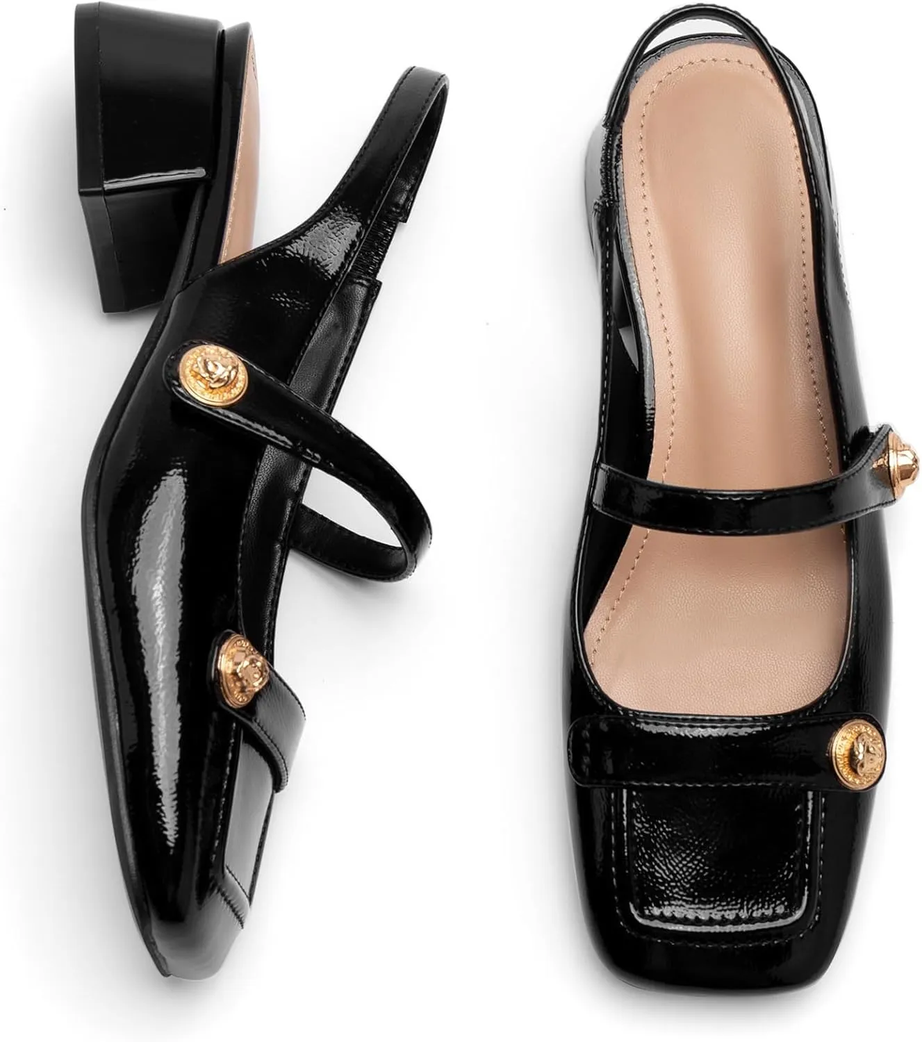 Slingback Mary Jane Heels for Women Low Block Heel Closed Square Toe Pump Shoes Heels Classic Daily Office Dressy Shoes