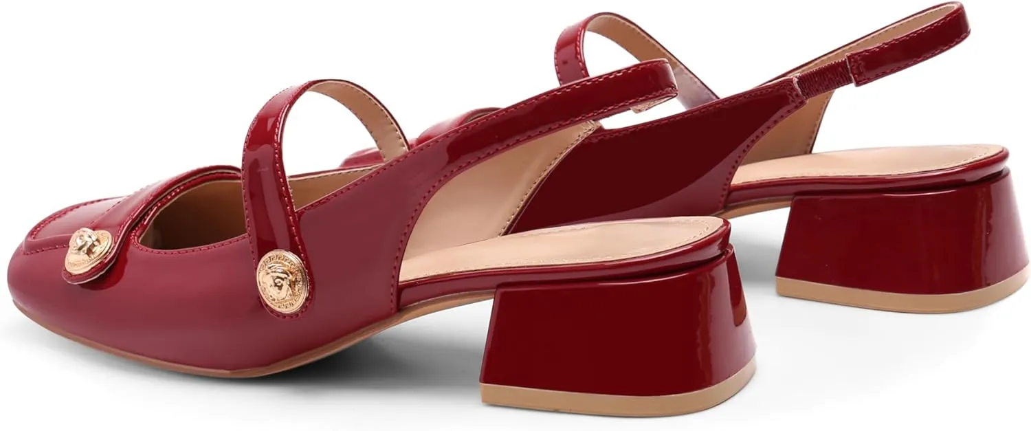 Slingback Mary Jane Heels for Women Low Block Heel Closed Square Toe Pump Shoes Heels Classic Daily Office Dressy Shoes