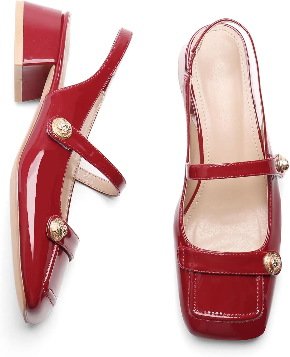 Slingback Mary Jane Heels for Women Low Block Heel Closed Square Toe Pump Shoes Heels Classic Daily Office Dressy Shoes