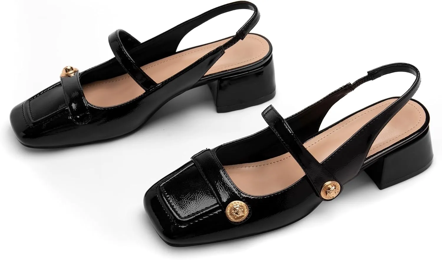 Slingback Mary Jane Heels for Women Low Block Heel Closed Square Toe Pump Shoes Heels Classic Daily Office Dressy Shoes