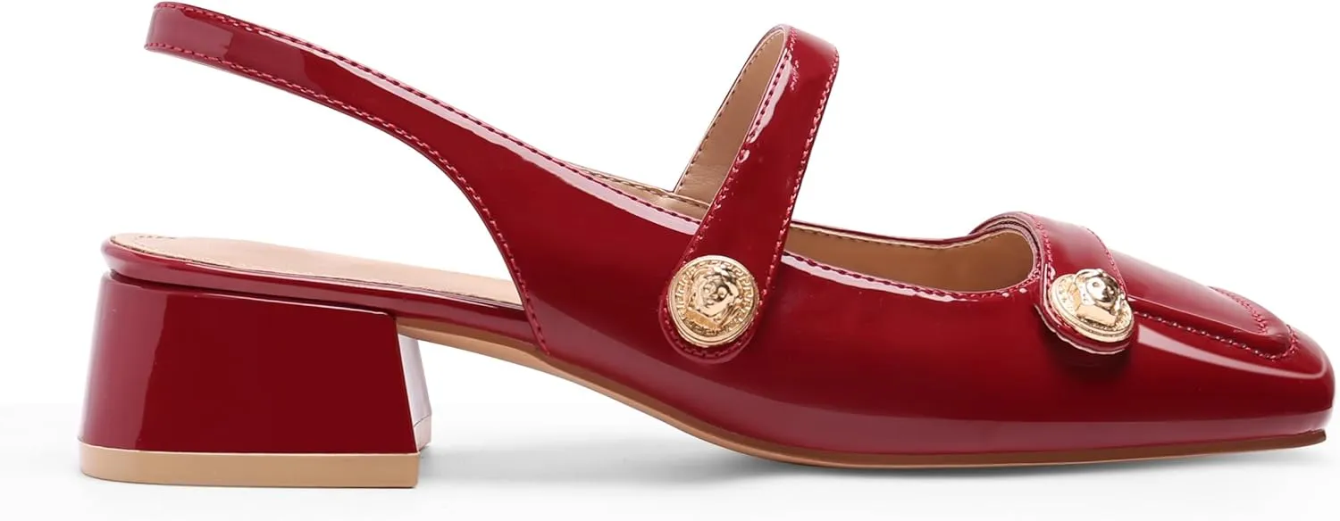 Slingback Mary Jane Heels for Women Low Block Heel Closed Square Toe Pump Shoes Heels Classic Daily Office Dressy Shoes