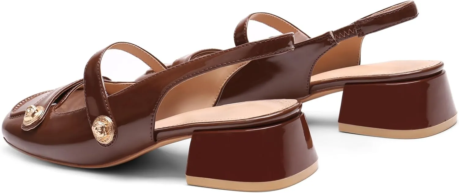 Slingback Mary Jane Heels for Women Low Block Heel Closed Square Toe Pump Shoes Heels Classic Daily Office Dressy Shoes