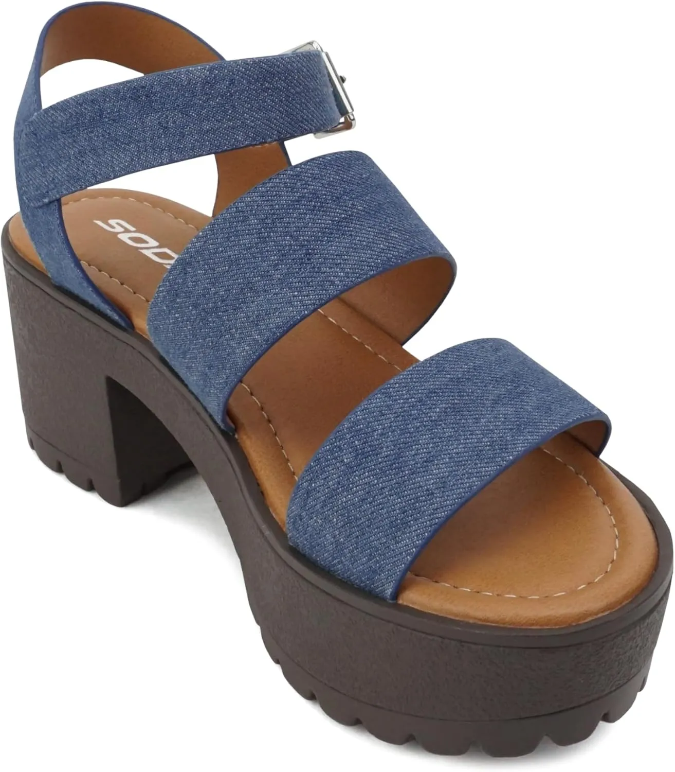 Soda ACCOUNT ~ Women Open Toe Two Bands Lug sole Fashion Block Heel Sandals with Adjustable Ankle Strap
