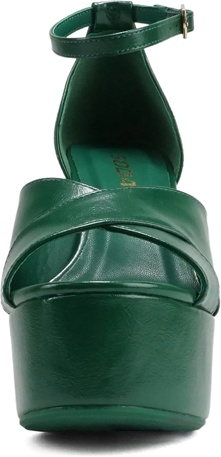Soda “ATOMIC” ~ Women Open Round Toe Crisscross Band Closed Back Counter Platform High Heel Sandal with Adjustable Ankle Strap
