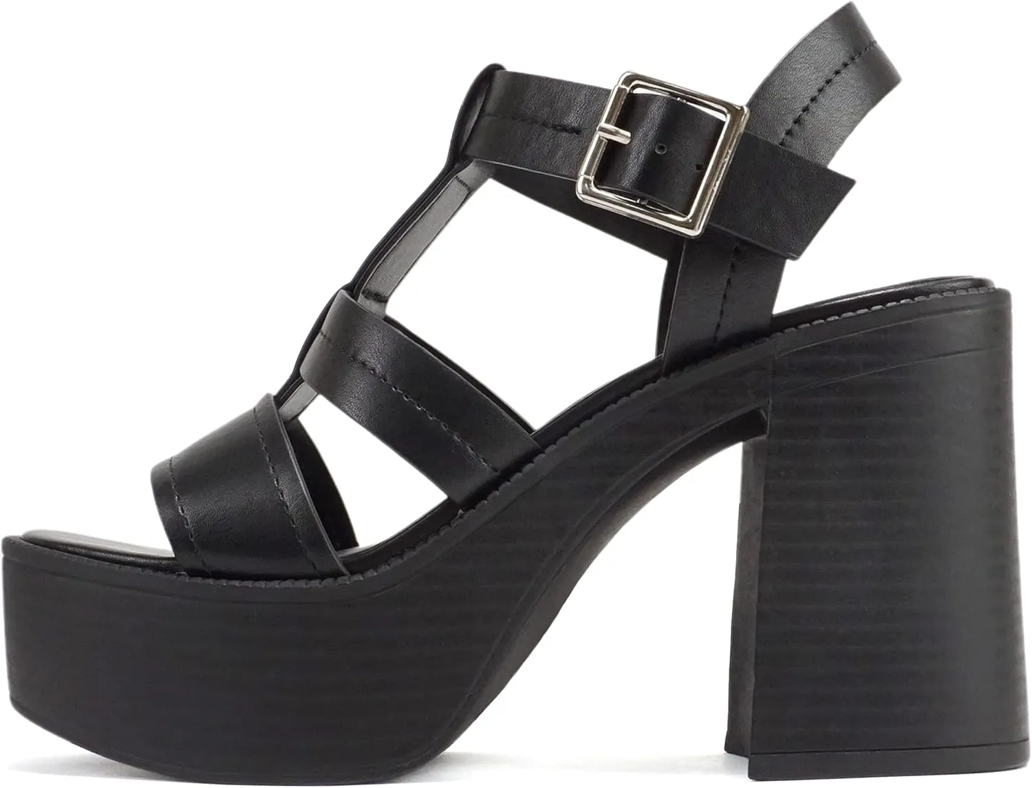 Soda “EVOLVE” ~ Women Open Square Toe Ankle Buckle Stitch Detail Platform High Heel Sandal