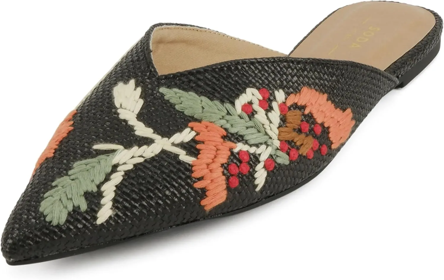 Soda Poise ~ Women Pointed Toe Slip-On Raffia Mules with Stitched Details