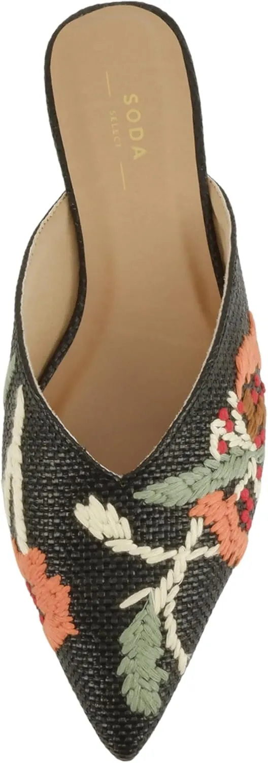Soda Poise ~ Women Pointed Toe Slip-On Raffia Mules with Stitched Details