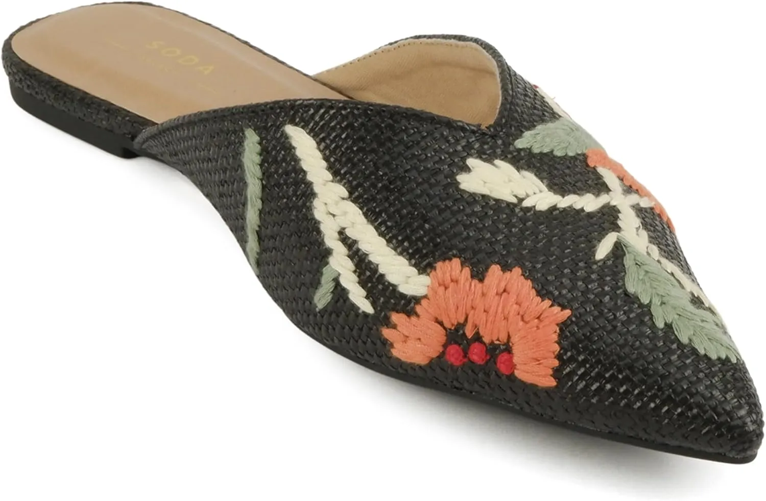 Soda Poise ~ Women Pointed Toe Slip-On Raffia Mules with Stitched Details