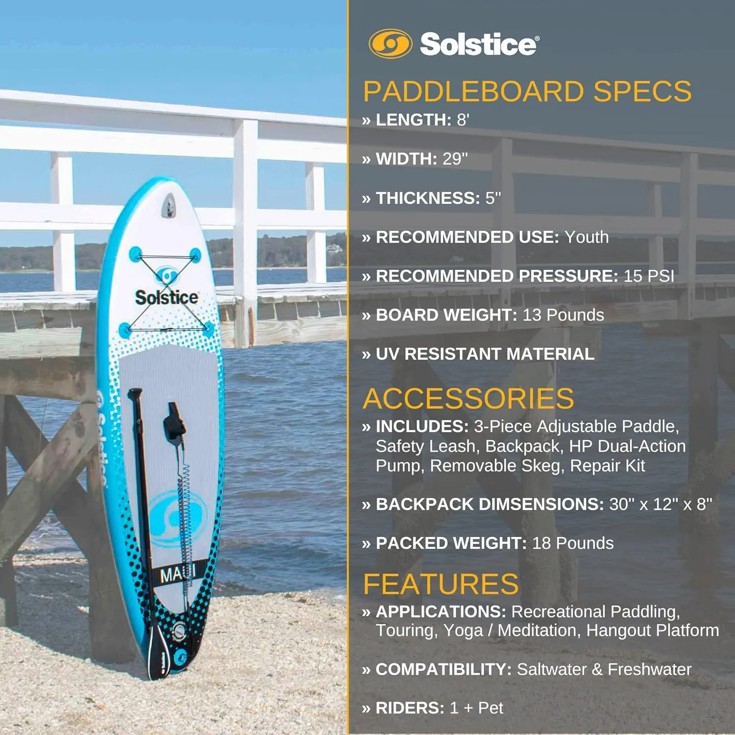Solstice Watersports Maui Inflatable Stand-Up Paddle Board Kit (8' x 29'' x 5'')