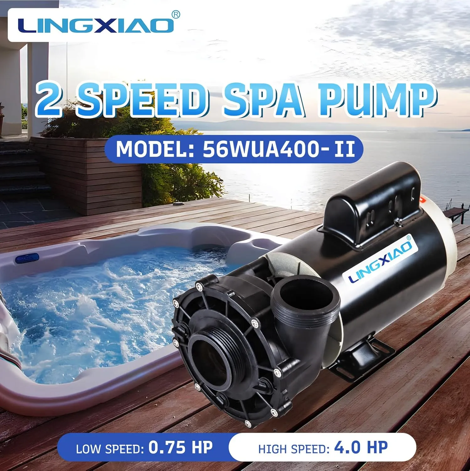 SPA Pump, 4HP Hot Tub Pump - 2 Speed LX SPA Pump Motor 220-240V, 2" Port, 56 Frame (Model: 56WUA400-II)