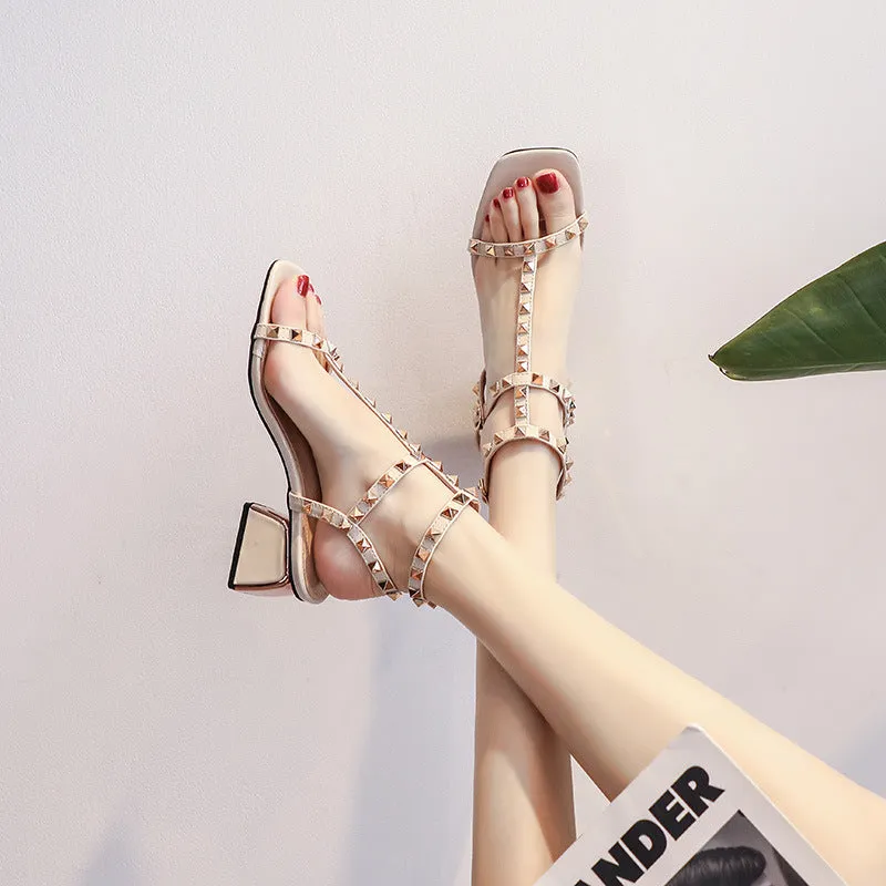 Square-headed Rivet Thick Heel Sandals