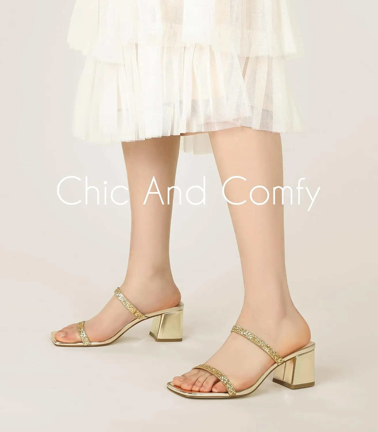 Square Toe Heeled Sandals for Women - Women's Low Block Heels Sandals - 2.25IN Open Toe Ankle Strap Chunky Heels - Slip on Heeled Sandal Mule- Nude Black Strappy Heels for Party Wedding Dress Shoes
