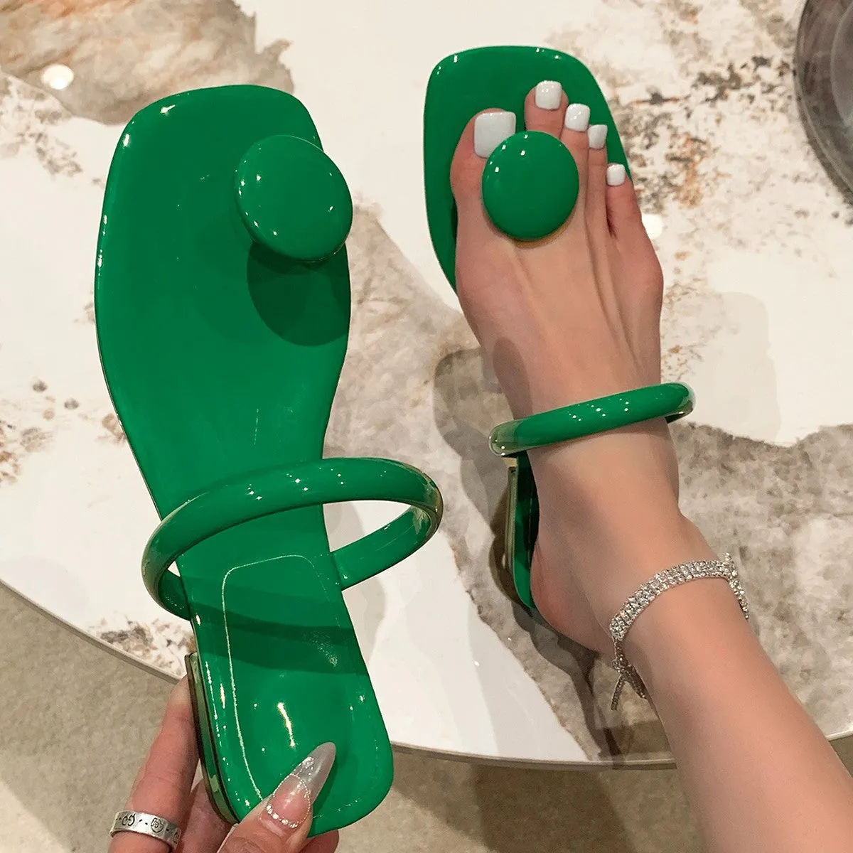 Square-Toe Toe-Loop Flat Slide Sandals