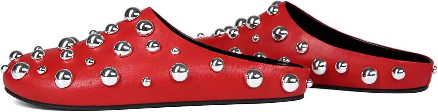 Studded Metallic Mules for Women – Slip On Flat Mule Loafers, Closed Toe Comfortable Fashion Shoes for Casual, Work, Travel