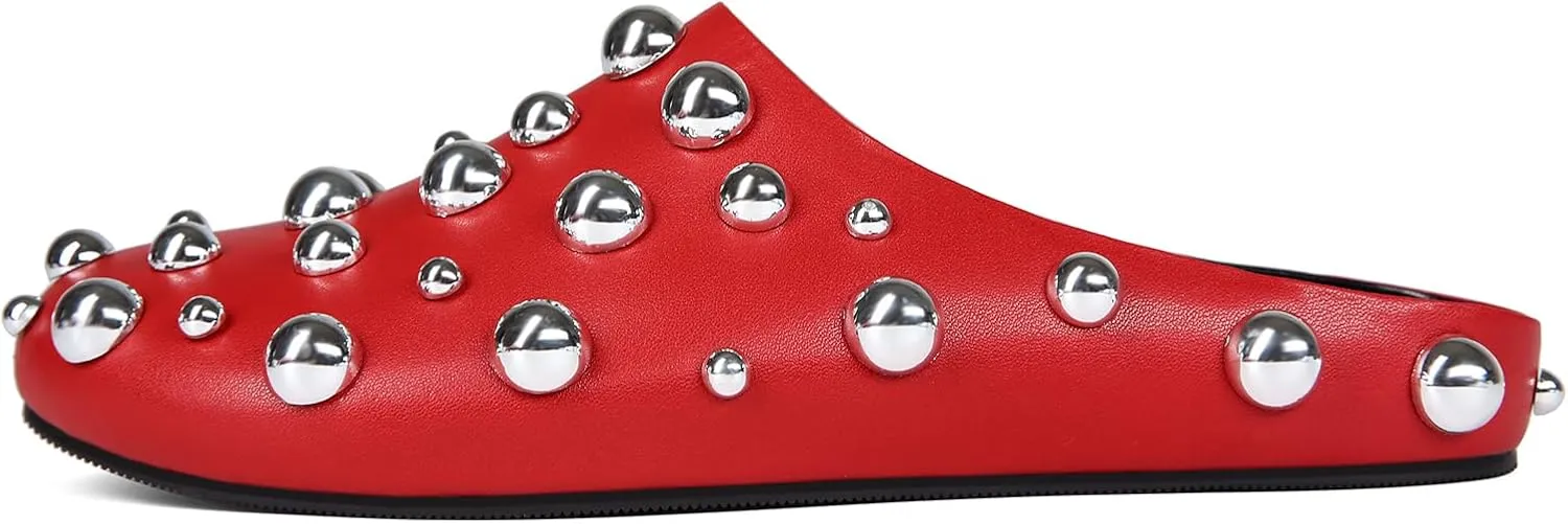 Studded Metallic Mules for Women – Slip On Flat Mule Loafers, Closed Toe Comfortable Fashion Shoes for Casual, Work, Travel