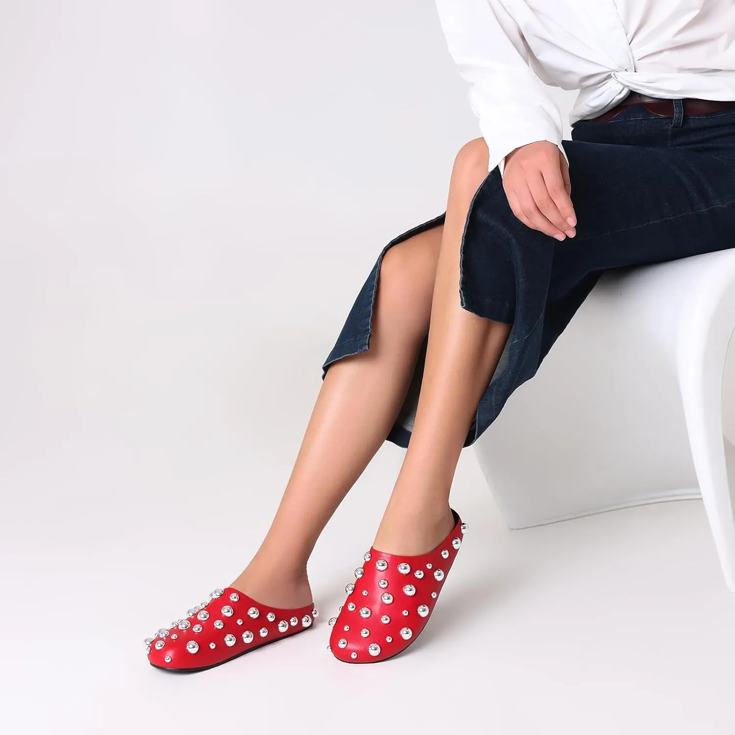 Studded Metallic Mules for Women – Slip On Flat Mule Loafers, Closed Toe Comfortable Fashion Shoes for Casual, Work, Travel