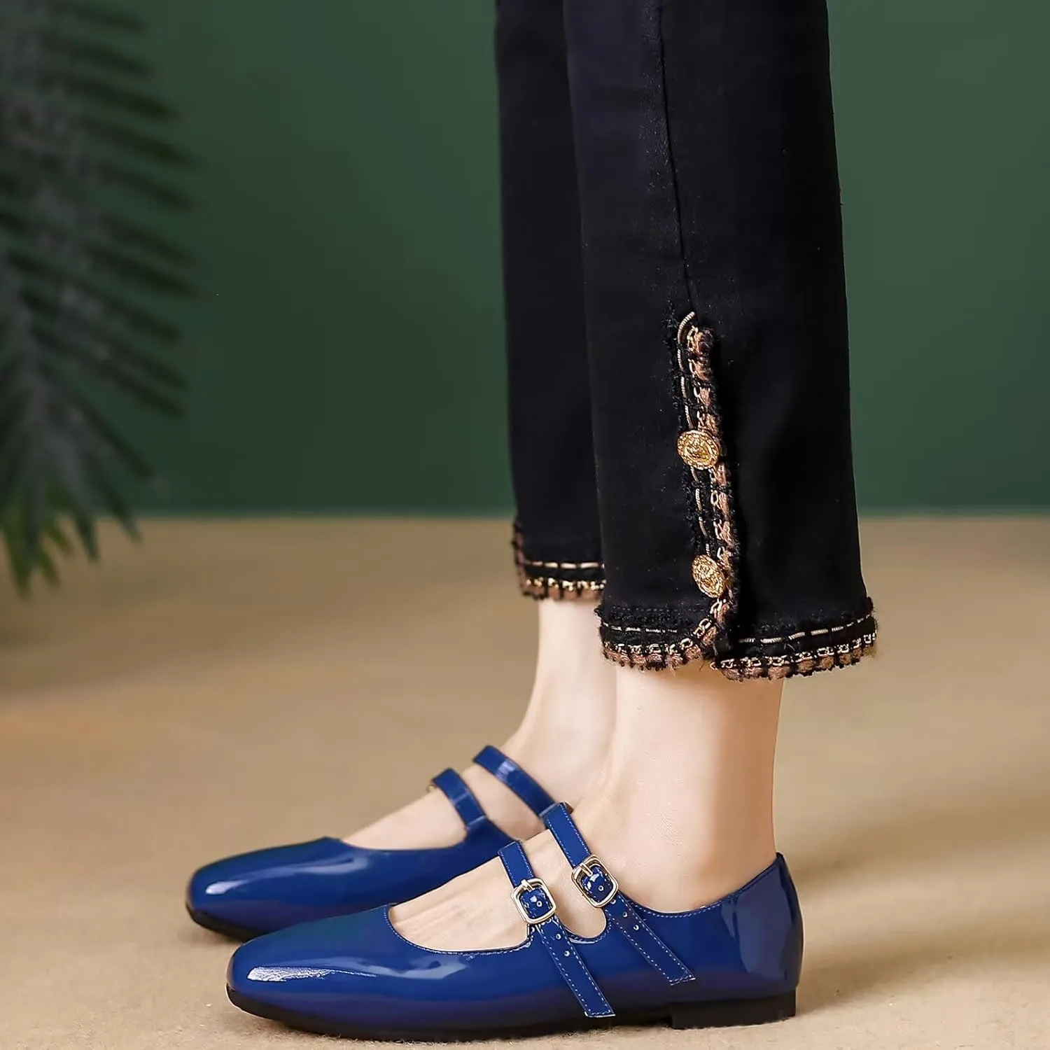 Stunner Women's Mary Jane Flats Retro Square Toe Soft Ballet Flats Comfort Double Line Strap Wedding Dressy Flats 2