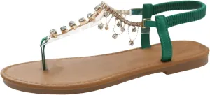 SuanlaTDS Flat Sandals for Women 2025 Summer Flip Flops Rhinestones T-strap Thong Elastic Ankle Strap Slip-on Slides Comfortable Boho Beach Open Toe Low Heel Dressy Party Wedding Bride Sandal