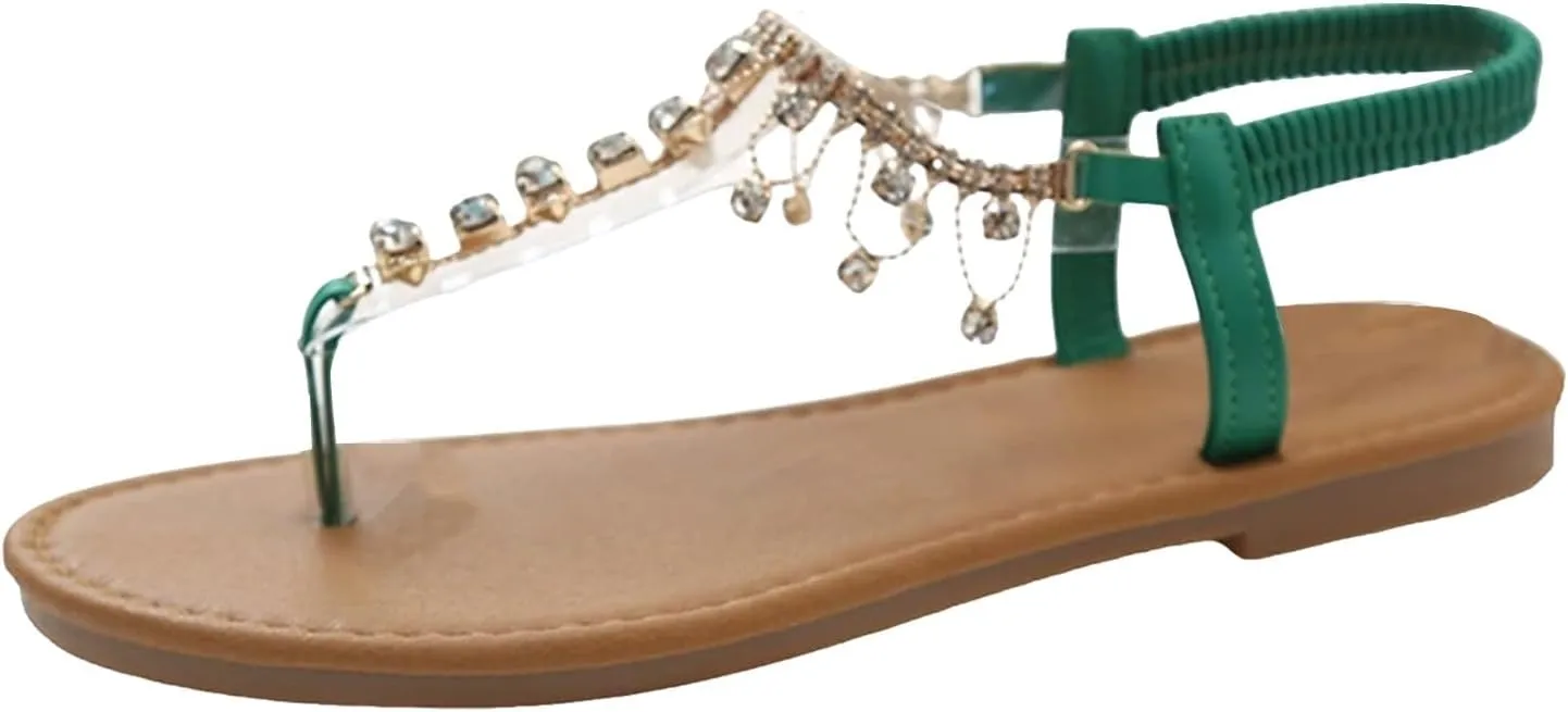 SuanlaTDS Flat Sandals for Women 2025 Summer Flip Flops Rhinestones T-strap Thong Elastic Ankle Strap Slip-on Slides Comfortable Boho Beach Open Toe Low Heel Dressy Party Wedding Bride Sandal