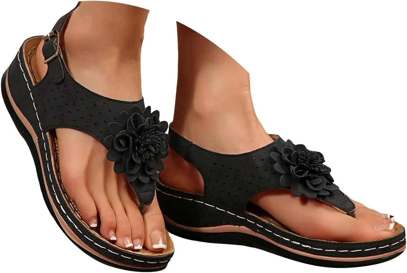 Summer Flip Flops for Women 2025,Orthopedic Flower Cutout Wide Width Slip On Slingback Slides with Adjustable Ankle Strap Ladies Low Wedges Heel Comfy Arch Support Recovery Mules Casual Shoes